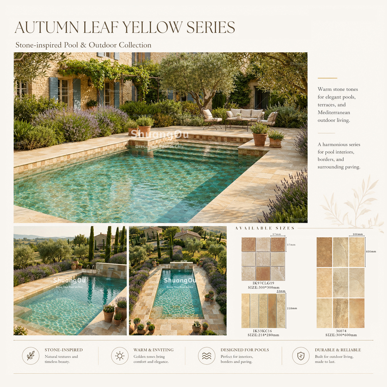 ShuangOu Autumn Leaf Yellow Series stone-inspired swimming pool tiles and warm yellow outdoor pavers featured in a Mediterranean style villa patio and pool surround.