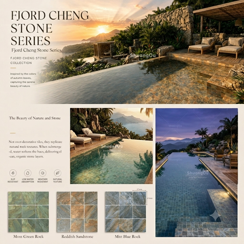 ShuangOu Fjord Cheng Stone Series Natural Rock Pool Tiles - Moss Green, Reddish Sandstone, Mist Blue