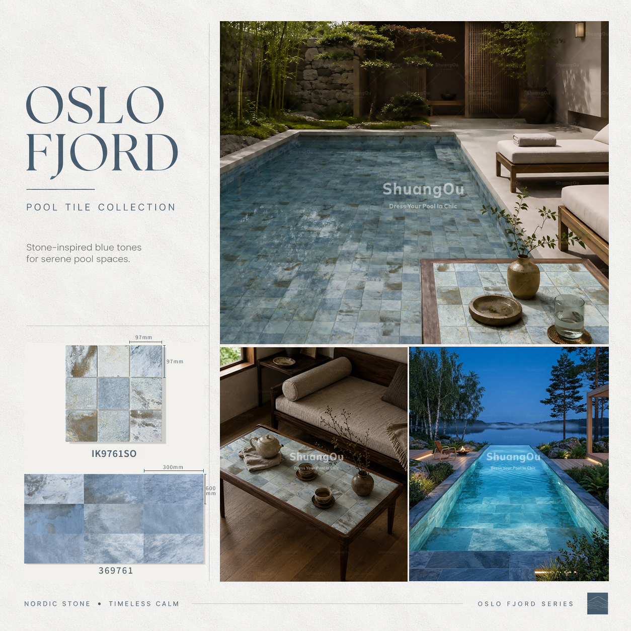 ShuangOu Oslo Fjord series pool tiles featuring mosaic and large format stone-inspired blue textures in a tranquil modern pool, on a lounge table, and at dusk