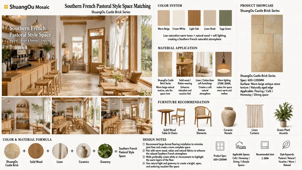 ShuangOu Castle Brick Series 600x1200mm warm beige antique stone tiles with material palette and interior design guide for Southern French pastoral style cafes and commercial spaces.