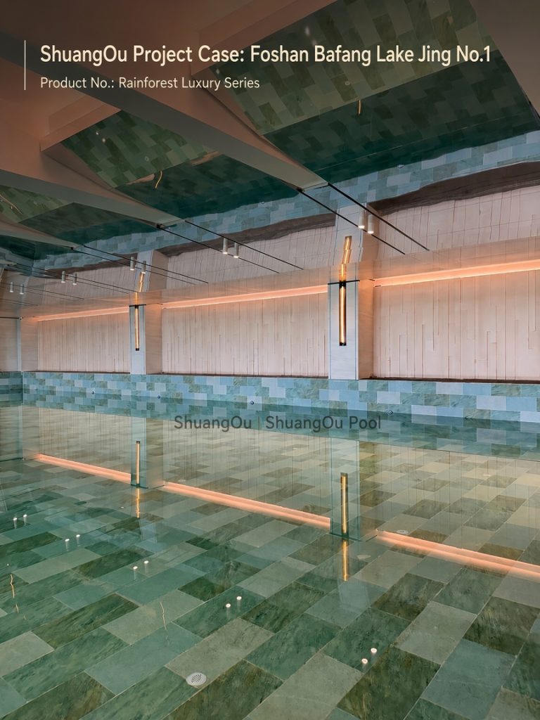 ShuangOu Rainforest Luxury Series green pool tiles installed in Foshan Bafang Lake Jing No.1 indoor swimming pool