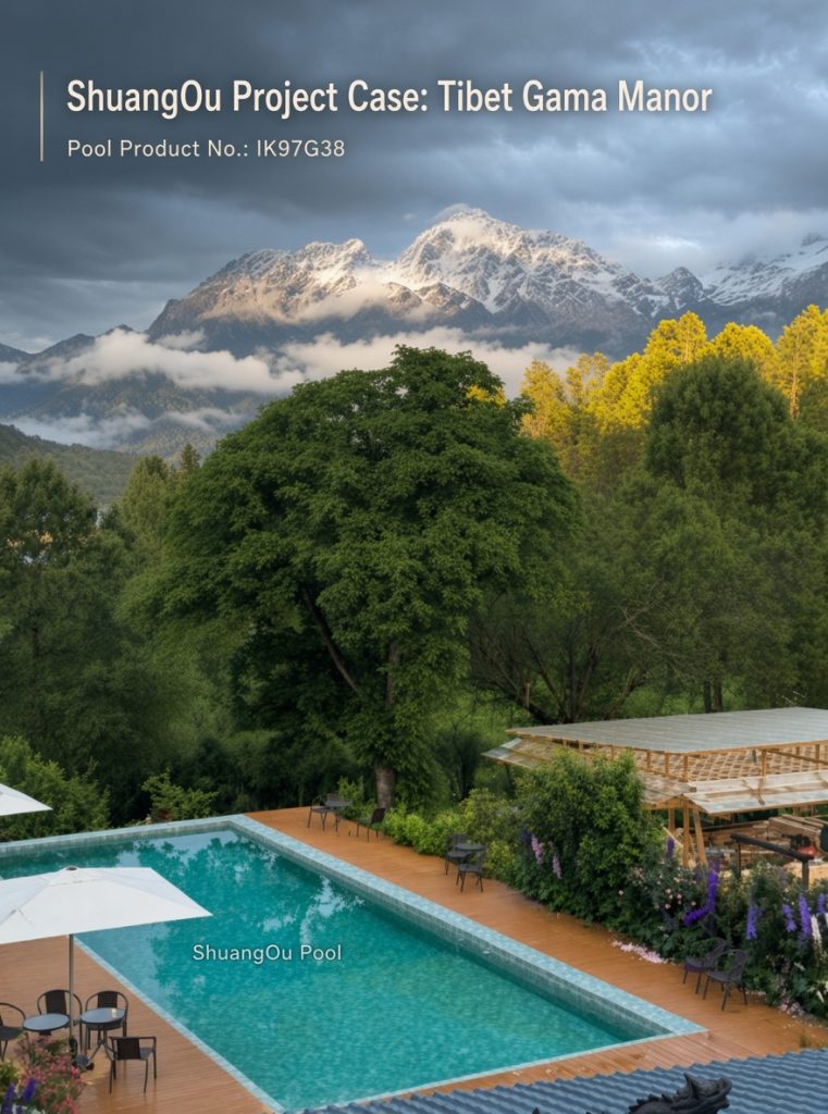 ShuangOu outdoor swimming pool tiles IK97G38 installed at Tibet Gama Manor with snow mountain view