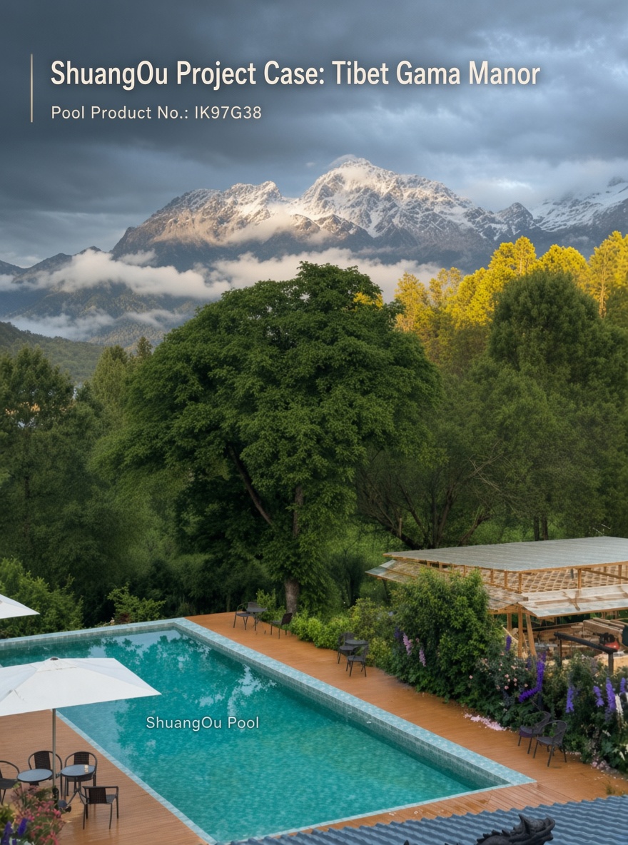 ShuangOu outdoor swimming pool tiles IK97G38 installed at Tibet Gama Manor with snow mountain view