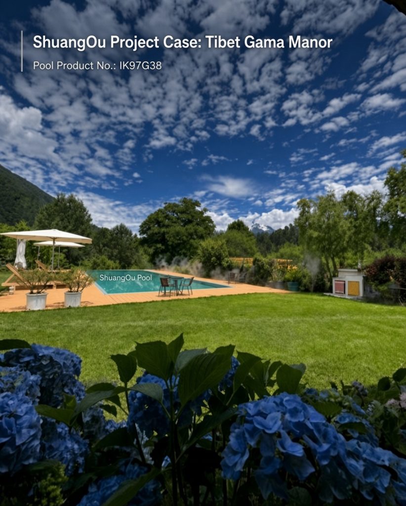 Turquoise swimming pool tiled with ShuangOu IK97G38 porcelain tiles in luxury resort garden