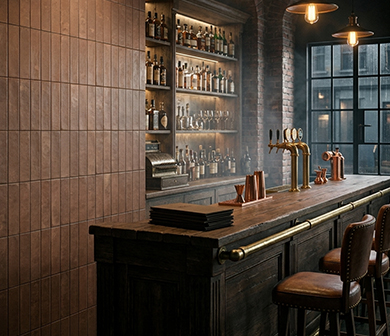 ShuangOu brown strip tiles on the wall behind a rustic hotel bar counter with brass beer taps