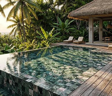 ShuangOu dark green mosaic pool tiles in a jungle villa pool with a thatched pavilion and sun loungers