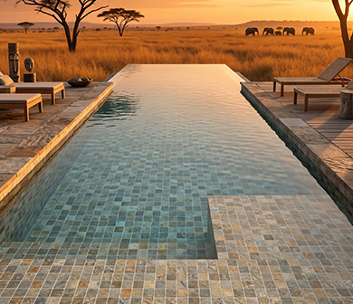 ShuangOu mosaic swimming pool tiles in an infinity pool overlooking the savanna at sunset