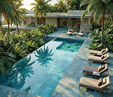 ShuangOu premium swimming pool tiles in a luxury tropical resort pool surrounded by palm trees and sun loungers