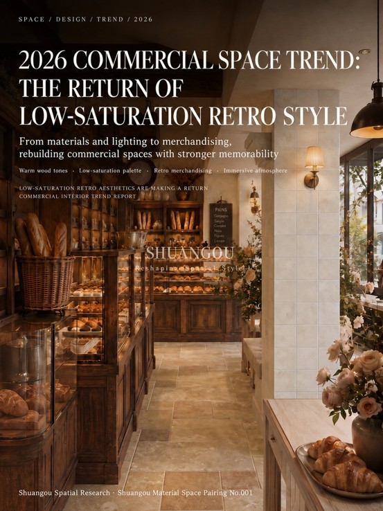 2026 commercial bakery interior featuring low-saturation retro aesthetics, warm dark wood bakery display cases, cream wall tiles, and aged stone-look flooring by Shuangou Tiles.