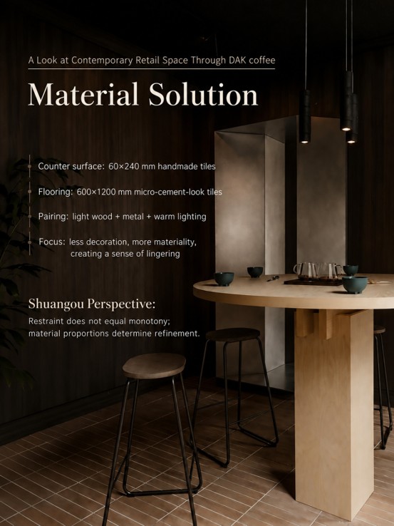 Material solution for retail coffee spaces showing 60x240 mm handmade tiles on the floor and counter, paired with micro-cement look floor tiles, light wood table, and ambient warm lighting.