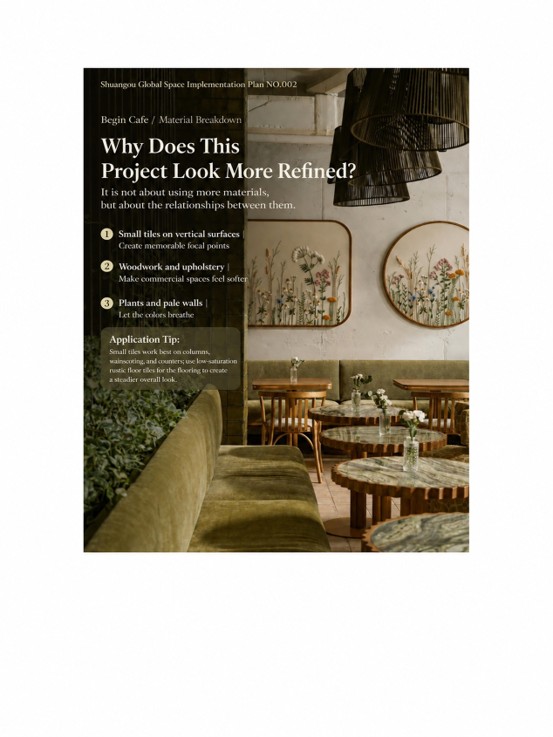 Begin Cafe material breakdown poster showing green tile accents, wooden furniture, velvet upholstery, marble-top tables, and botanical wall decorations.