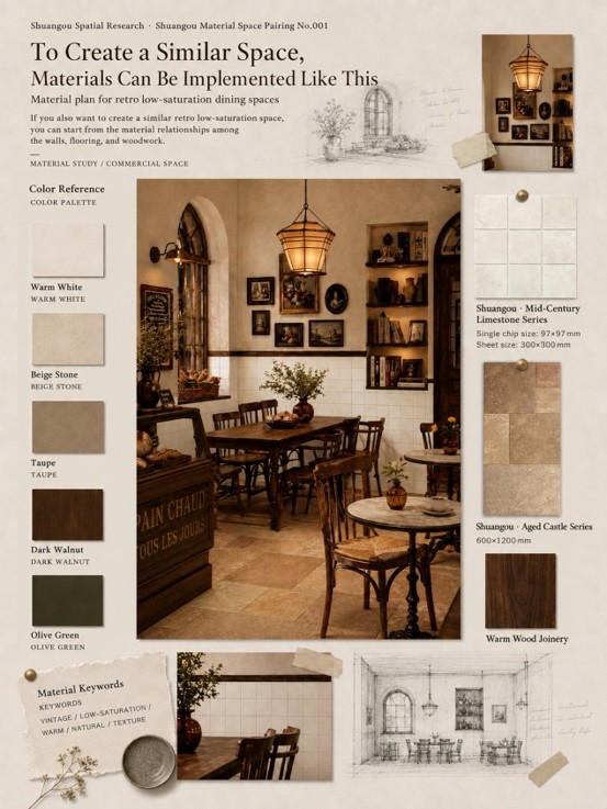 Material board and dining area design featuring Shuangou Mid-Century Limestone wall tiles, Aged Castle floor tiles, dark walnut furniture, and a low-saturation color palette.