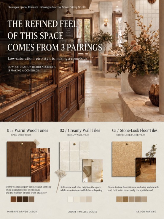 Material mood board and spatial application showing 3 key pairings: warm wooden cabinets, Shuangou creamy matte wall tiles, and rustic stone-look floor tiles for retro bakery spaces.