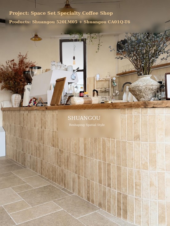 Coffee shop bar counter clad in Shuangou warm sand beige travertine handmade bricks (Product No. 520LM05) paired with limestone castle tile flooring (Product No. CA01Q-T6).