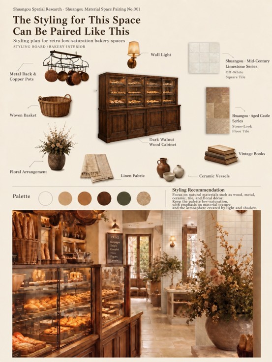 Bakery interior styling board displaying dark walnut cabinets, copper pots, woven baskets, linen fabrics, ceramic vessels, alongside Shuangou limestone wall tiles and stone-look floor tiles.