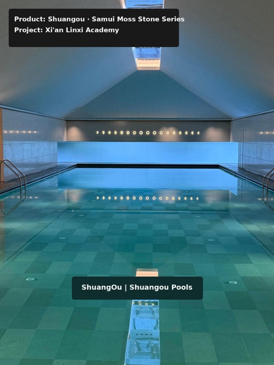 Indoor swimming pool at Xi'an Linxi Academy featuring a 300 m² pool floor paved with a mixed arrangement of 300x600mm Shuangou Samui Moss Stone series tiles under high-ceiling architectural lighting.